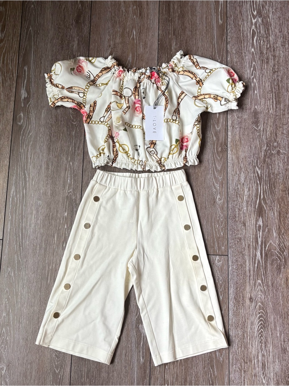 NWT T.LOVE Girls Size 4 Chain & Rose Print Off Shoulder Top Culotte Pant Set